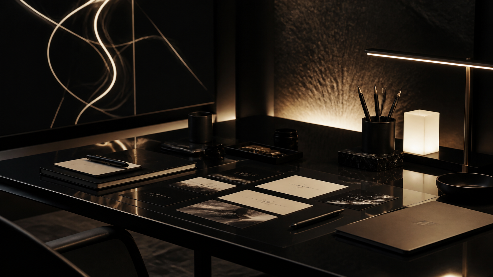 Dark creative command desk with black and ivory materials