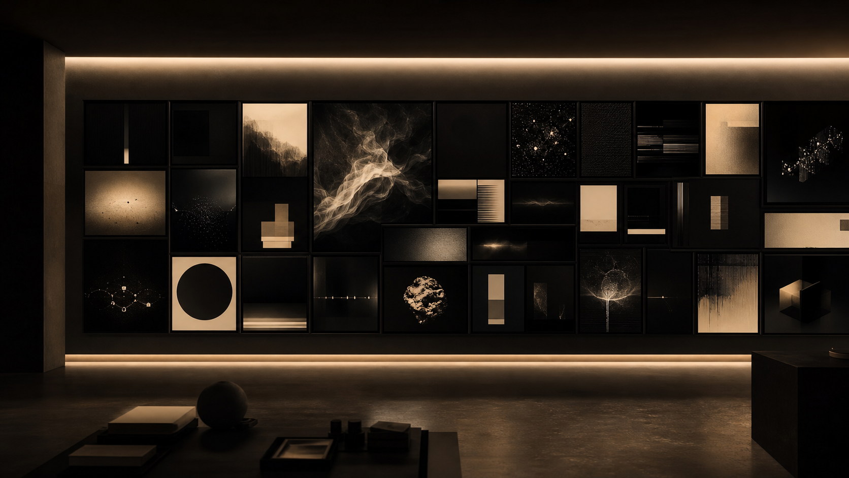 Dark digital archive wall with abstract image tiles