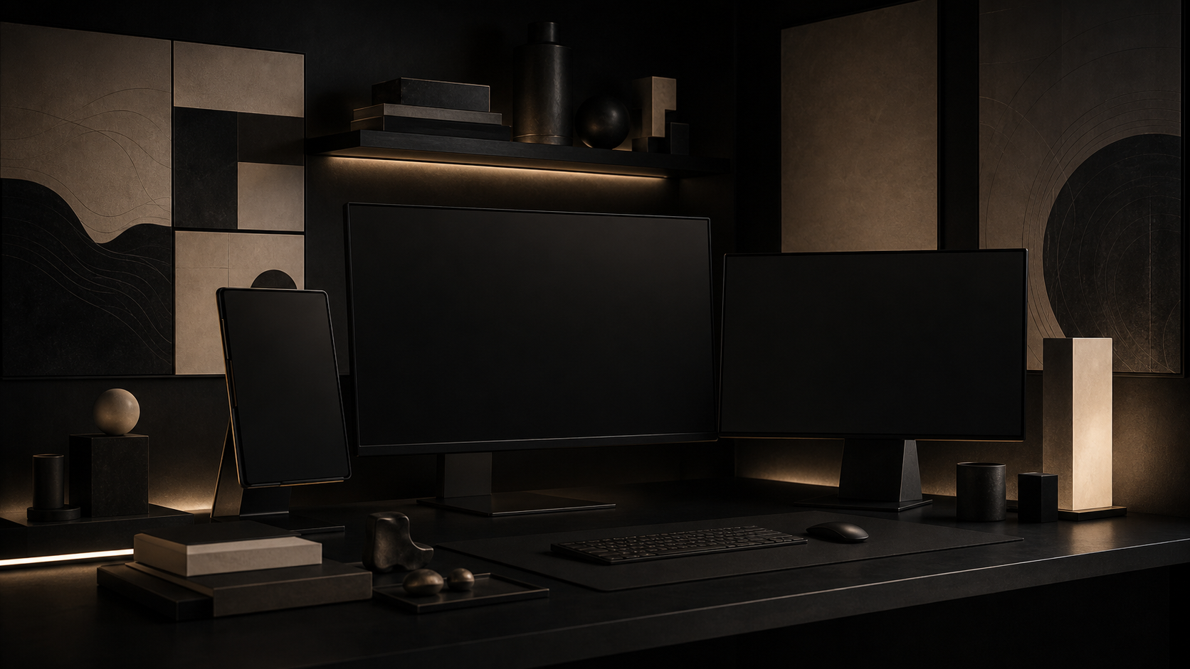 Minimal dark AI tool lab with blank screens
