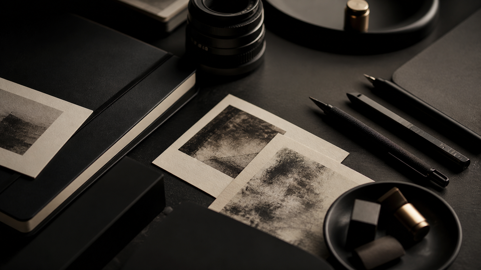 Black and ivory visual system materials on a desk